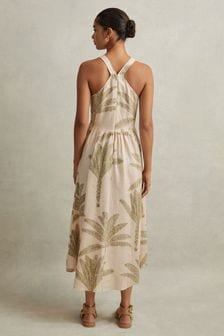 Reiss Neutral/Green Anna Petite Linen Tropical Print Midi Dress (B28051) | AED1,138