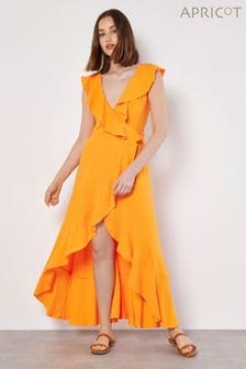 Apricot Orange Ruffle Wrap Hi-Lo Linen Mix Dress (B28222) | HK$463
