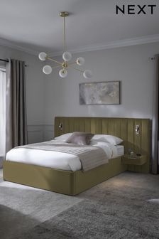 Soft Velvet Sage Green Mayfair Upholstered Hotel Bed Frame with Ottoman Storage, Bedside Tables and Lights (B28232) | €1,475 - €1,725