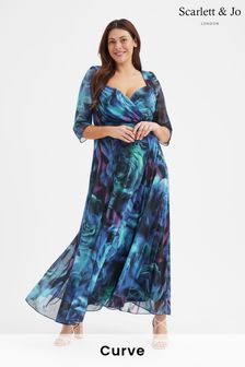 Niebieski i czarny w róże - Suknia siateczkowa maxi Scarlett & Jo Elizabeth z nadrukiem (B28465) | 600 zł