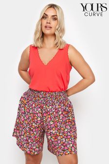 Yours Curve Pink Ditsy Floral Print Shirred Shorts (B28612) | $41