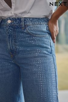 Mid Blue Sequin Embellished Wide Leg 100% Cotton Jeans (B28638) | $76