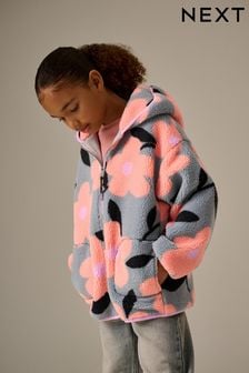 Grey/Pink Floral Borg Fleece Hooded Jacket (3-16yrs) (B28681) | €39 - €47