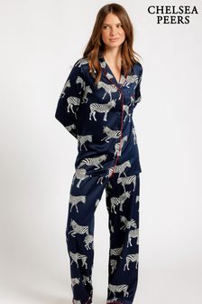 Chelsea Peers Blue Satin Zebra Print Long Pyjama Set (B28767) | LEI 328