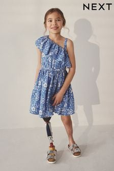 Blau mit floralem Muster - One-Shoulder-Kleid (3-16yrs) (B28973) | 20 € - 27 €