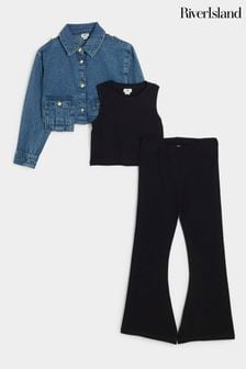 River Island Blue Girls Denim Crop Boxy Shirt and Flare Set 3 Piece (B29244) | $56