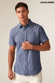 JACK & JONES Blue Linen Blend Short Sleeve Shirt (B29755) | $45