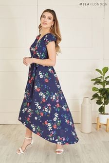 Mela Blue Daisy Print Wrap Over Midi Dress With Dipped Hem (B29930) | €71