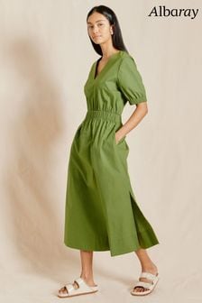 Vestido verde con cuello de pico y cintura elástica de Albaray (B29960) | 140 €