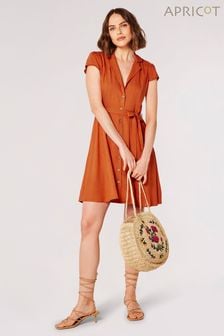Apricot Orange Open Collar Linen Shirt Dress (B30311) | €44