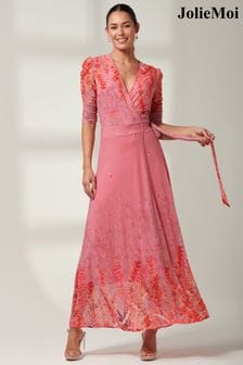 Jolie Moi Pink Kinley Print Wrap Mesh Maxi Dress (B30753) | Kč3,135