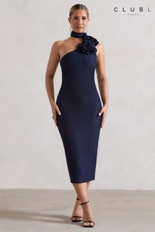 Club L London Navy Blue The Soiree Bodycon Midi Dress With Ruffled Choker (B30835) | €134