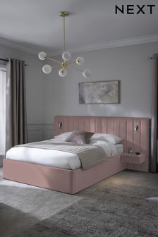 Soft Velvet Blush Pink Mayfair Upholstered Hotel Bed Frame with Ottoman Storage, Bedside Tables and Lights (B33030) | €1,475 - €1,725