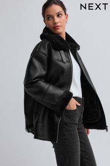 Negru - Aviator Faux Leather Biker Jacket (B33573) | 537 LEI