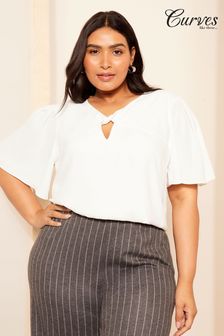 Curves Like These White Twist Front Flutter Sleeve Top (B33747) | 179 SAR
