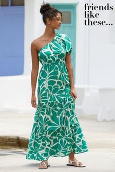 Friends Like These Green Floral One Shoulder Summer Printed Maxi Dress (B33751) | $79