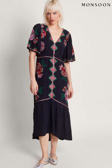 Monsoon Black Everly Embroidered Tea Dress (B33779) | 544 QAR