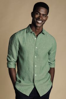 Charles Tyrwhitt Green Slim Fit Plain Short Sleeve Pure Linen Full Sleeves Shirt (B33957) | 446 SAR