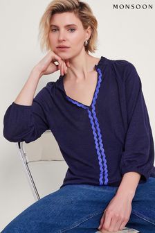 Monsoon Blue Lola Embroidered Linen Top (B34127) | ₪ 246