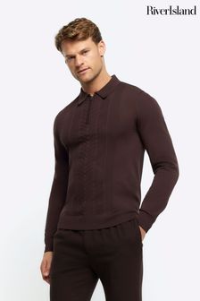 River Island Brown Muscle Fit Long Sleeve Texture Knit Polo Shirt (B34165) | €44