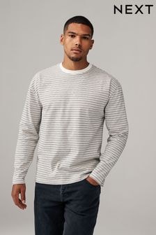 Cream/Black Stripe Relaxed Fit Long Sleeve Heavyweight 100% Cotton T-Shirt (B34765) | $34