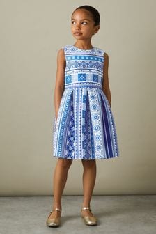 Reiss Blue Print Lena Junior Tile Print Scuba Fit-and-Flare Dress (B34810) | OMR41