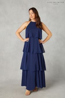 Niebieska sukienka maxi Live Unlimited Curve Petite z warstwami z falbanki (B34877) | 815 zł