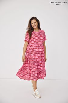 ONLY Curve Pink Printed Short Sleeve Tiered Maxi Dress (B35014) | €51