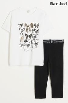 River Island White Girls Leopard Bow T-Shirt and Pedal Legging Set (B35043) | €22.50