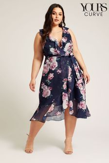 Yours Curve Blue YOURS LONDON Curve Navy Blue Floral Ruffle Wrap Dress (B35263) | AED333