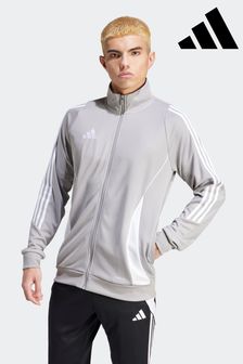 Grey adidas jacket with white stripes shop