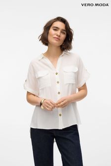 VERO MODA White Utility Pocket Detail Short Sleeve Shirt (B36093) | $69