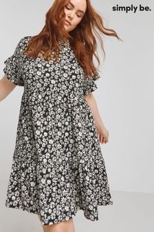 Simply Be Black Supersoft Mono Floral Print Smock Dress (B36871) | €37