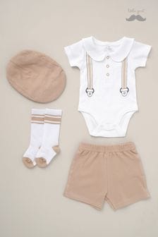 Little Gent Natural Printed Bodysuit Linen Shorts Flat Cap And Socks Outfit Set (B37095) | €32