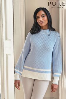 Pure Collection Blue Cotton Button Shoulder Sweater