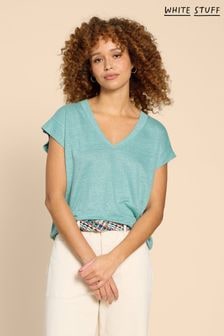 White Stuff Blue 100% Linen V-Neck T-Shirt (B37478) | $67