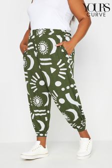 Yours Curve Khaki Green Abstract Print Cropped Harem Trousers (B37663) | NT$1,120