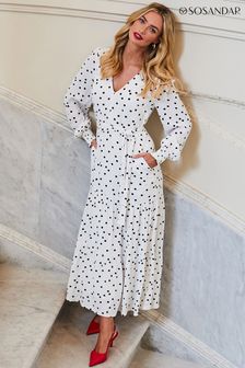 Sosandar Spot Print Tiered Hem Belted Dress (B37702) | kr1 450