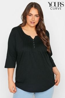 Yours Curve Black Pintuck Henley 100% Cotton Top (B37861) | $38