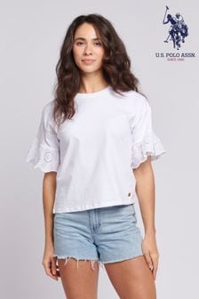 U.S. Polo Assn. Womens Broderie Anglaise White T-Shirt (B38199) | €40