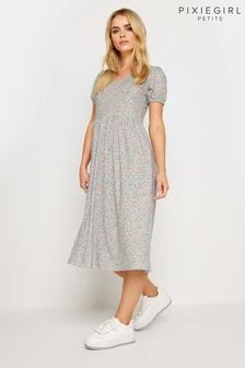 PixieGirl Petite Grey Floral Print V-Neck Midi Dress (B38221) | OMR17