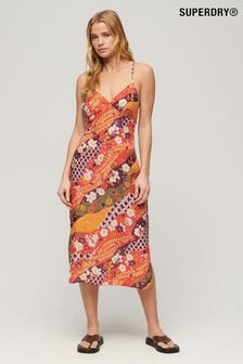 Superdry Red 100% Cotton Printed Midi Slip Cami Dress (B38551) | $129