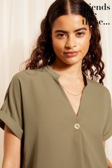Friends Like These Khaki Green V Neck Roll Sleeve Button Blouse (B38640) | LEI 161