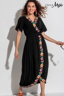 Pour Moi Black LENZING™ ECOVERO™ Viscose Crinkle Embroidered Beach Dress (B38922) | 223 QAR