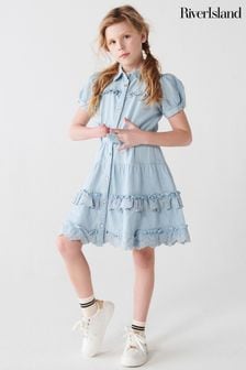 River Island Blue Girls Denim Tiered Shirt Dress (B39030) | NT$1,400