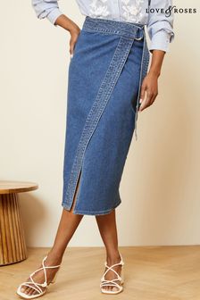 Love & Roses Midwash Blue Petite Wrap Denim Midi Skirt (B39393) | $60