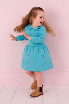 JoJo Maman Bébé Duck Egg Blue Hedgehog Embroidered Sweat Dress With Collar (B39622) | $43