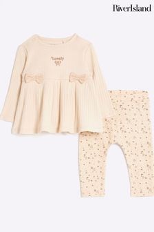 River Island Brown Rib Bow Baby Girls Top & Legging Set (B39654) | $34