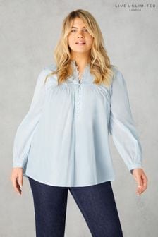 Live Unlimited Curve Blue Cotton Button Front Relaxed Blouse (B39713) | SGD 126