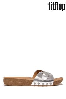 FitFlop Silver iQushion Adjustable Buckle Leather Slides (B39795) | $135